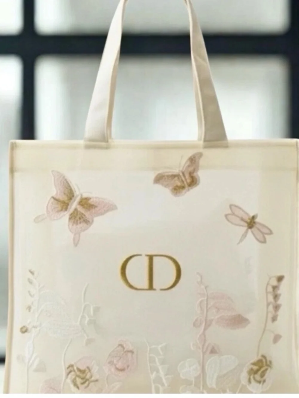Dior Cream Embroidered Butterfly Tote with Gold CD Logo